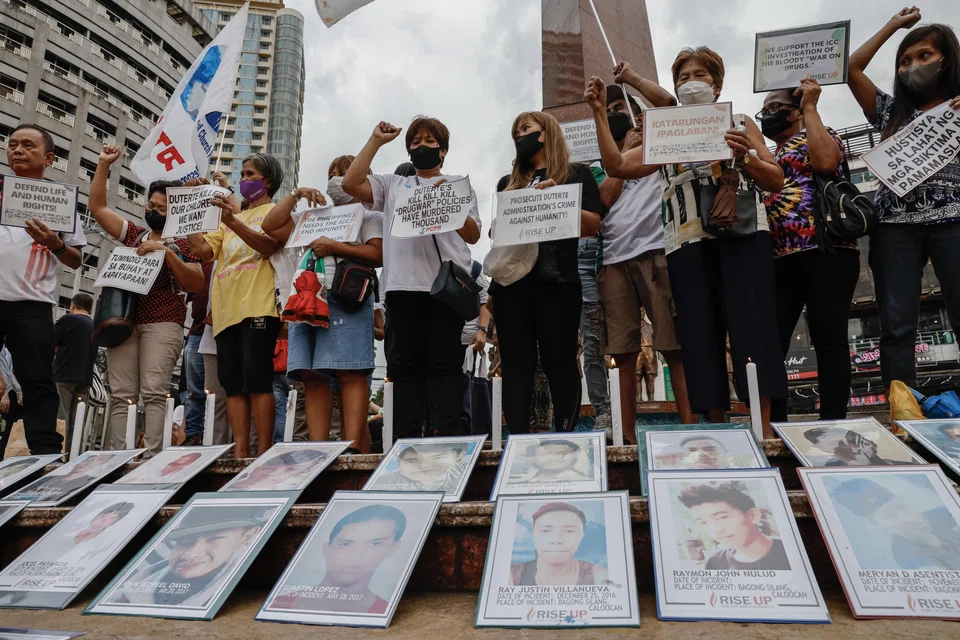 Supporters and relatives of drug war victims hold a rally after watching a broadcast of the International Criminal Court (ICC) in Quezon City on 18 Jul 2023. President Ferdinand Marcos Jr says his government will not cooperate with the ICC probe into the thousands of killings committed during his predecessor’s ‘war on drugs’.