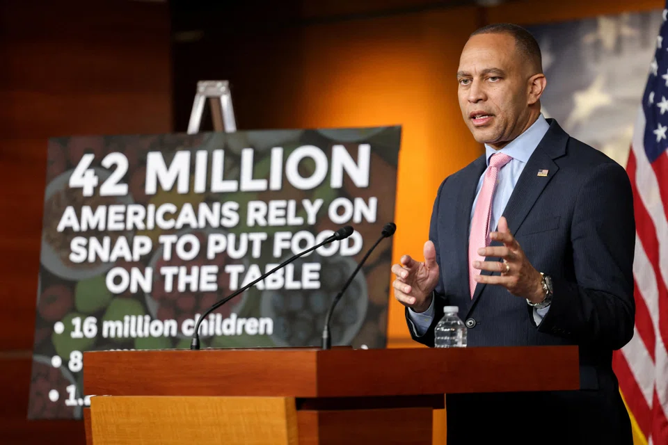 US House Minority Leader Hakeem Jeffries speaks during a press conference to discuss how the ongoing government shutdown is affecting SNAP food aid benefits and healthcare, Washington, D.C., Oct 28, 2025.