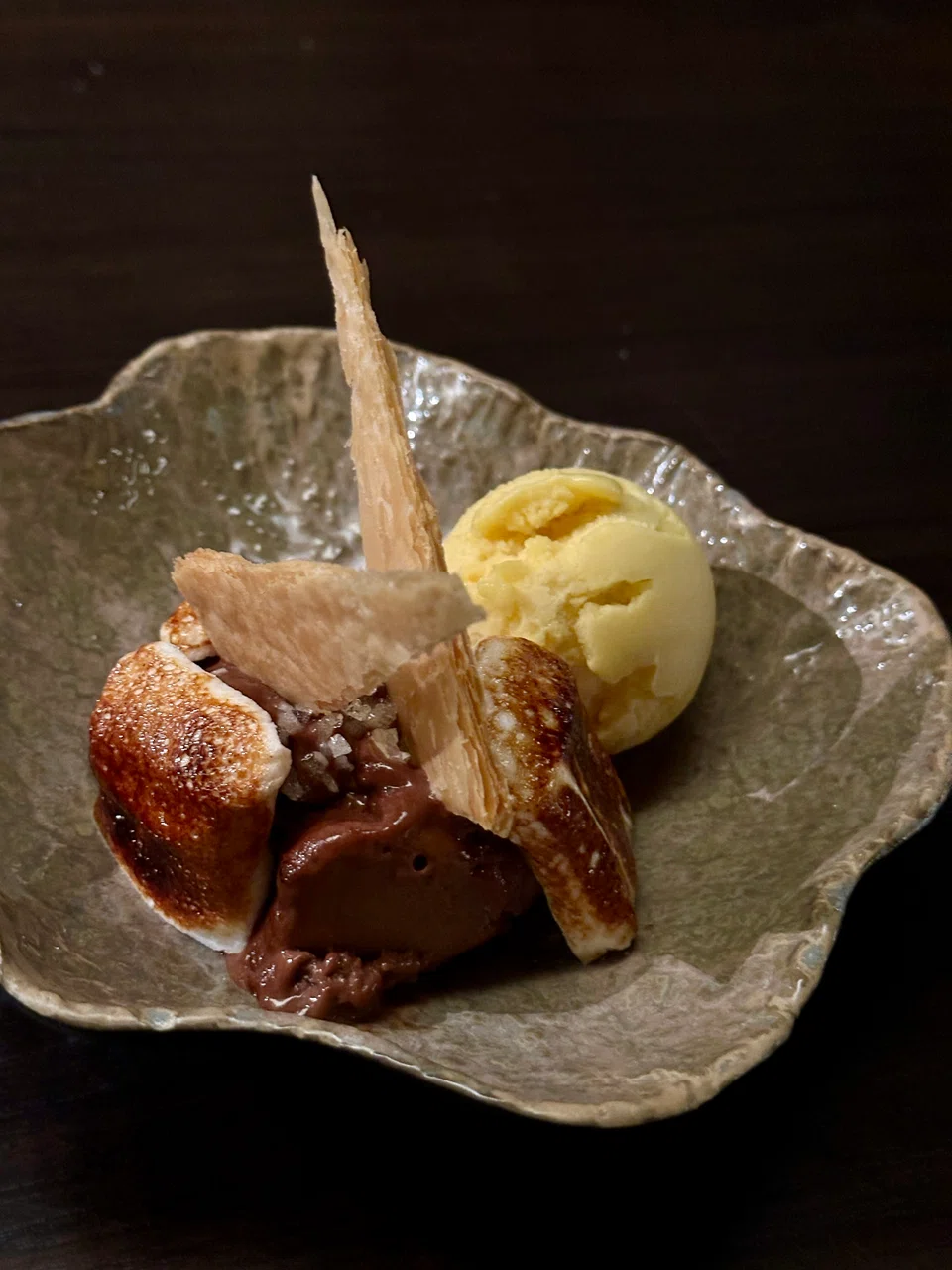 Smores, melted marshmallows sandwiching chewy chocolate ganache, with passion fruit ice-cream on the side. 