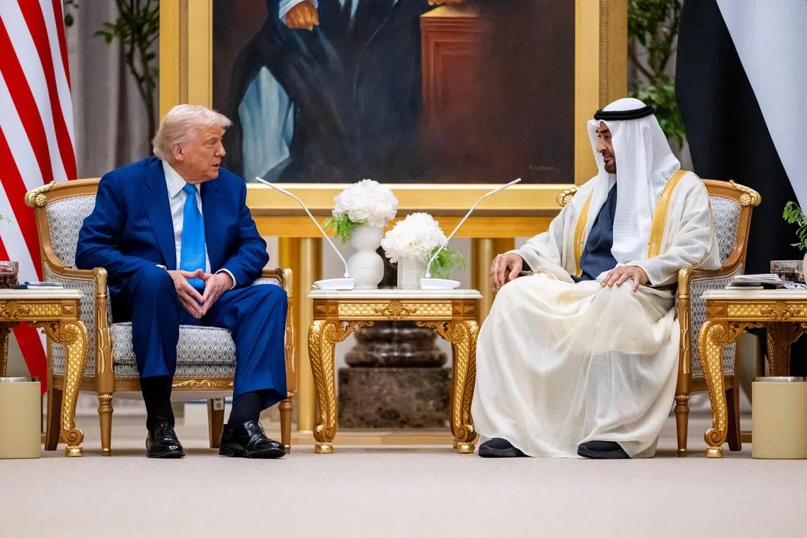 United Arab Emirates President Sheikh Mohamed bin Zayed Al Nahyan (right) speaks to US President Donald Trump during his visit to Abu Dhabi, United Arab Emirates, May 15, 2025. The White House said Boeing and GE had received a commitment from Etihad Airways to buy 28 Boeing 787 and 777X aircraft powered by GE engines worth US$14.5 billion.