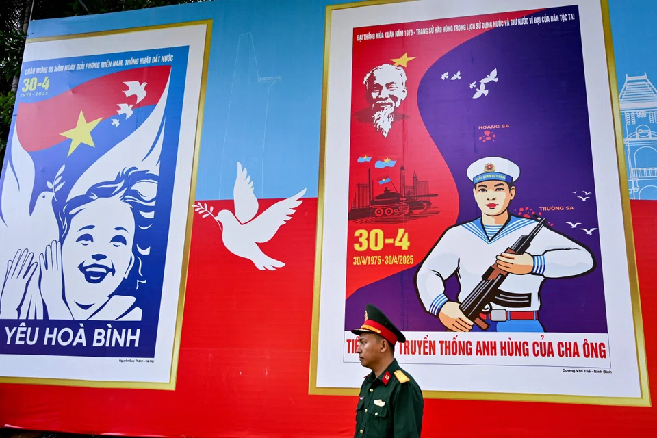 Posters commemorating the 50th anniversary of the end of the Vietnam War in Ho Chi Minh City on Apr 28, 2025.