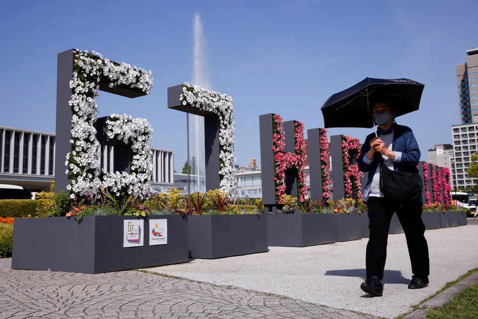 A “G7 Hiroshima” flower installation near the Peace Memorial Museum, ahead of the G7 summit, in Hiroshima, Japan, on May 17, 2023.