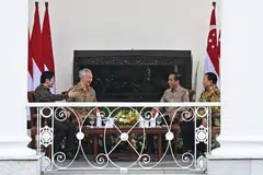 The outgoing and incoming leaders of both Singapore and Indonesia met on Monday at a leaders' retreat in Bogor, Indonesia. From left: Deputy Prime Minister Lawrence Wong. Prime Minister Lee Hsien Loong, Indonesian President Joko Widodo, Indonesian Defence Minister Prabowo Subianto. 