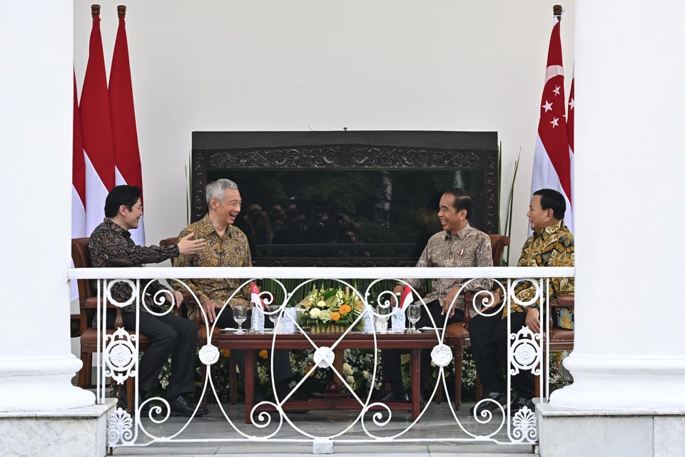 The outgoing and incoming leaders of both Singapore and Indonesia met on Monday at a leaders' retreat in Bogor, Indonesia. From left: Deputy Prime Minister Lawrence Wong. Prime Minister Lee Hsien Loong, Indonesian President Joko Widodo, Indonesian Defence Minister Prabowo Subianto. 