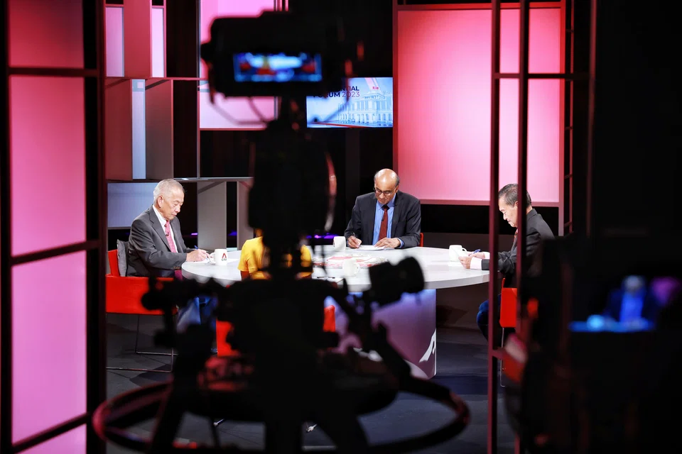 From left: Presidential candidates Ng Kok Song, Tharman Shanmugaratnam, and Tan Kin Lian preparing for the televised presidential forum.