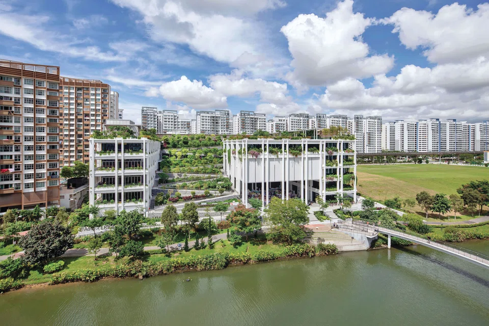 Oasis Terraces, a lushly vegetated waterfront hub in Punggol that integrates healthcare, retail, residential and transport within a green ecosystem. The development received acclaim locally and abroad, including an award at the World Architecture Festival.