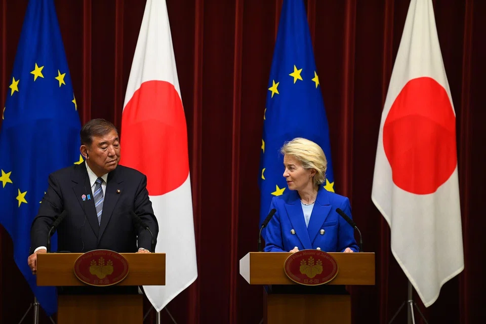 Japanese PM Shigeru Ishiba (left) and European Commission President Ursula von der Leyen at the 30th EU-Japan summit, where a new alliance focused on trade, green and digital innovation, plus economic security, was launched. 