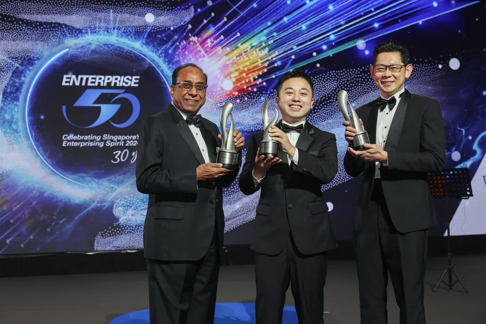 E50 top 3 winners. From left: Vick Aggarwala, president and CEO of Supreme Components International; Oh Chee Yong, CEO of Choon Huat Engineering and Sant Qiu, founder and CEO of Maneuver Marketing.