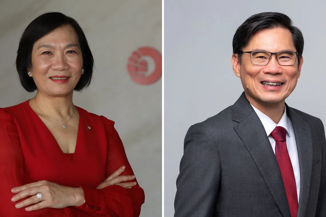Outgoing group CEO Helen Wong (left) will remain as chairman of OCBC China and as a director of OCBC Hong Kong after stepping down. Her successor Tan Teck Long will assume the role of deputy CEO immediately.