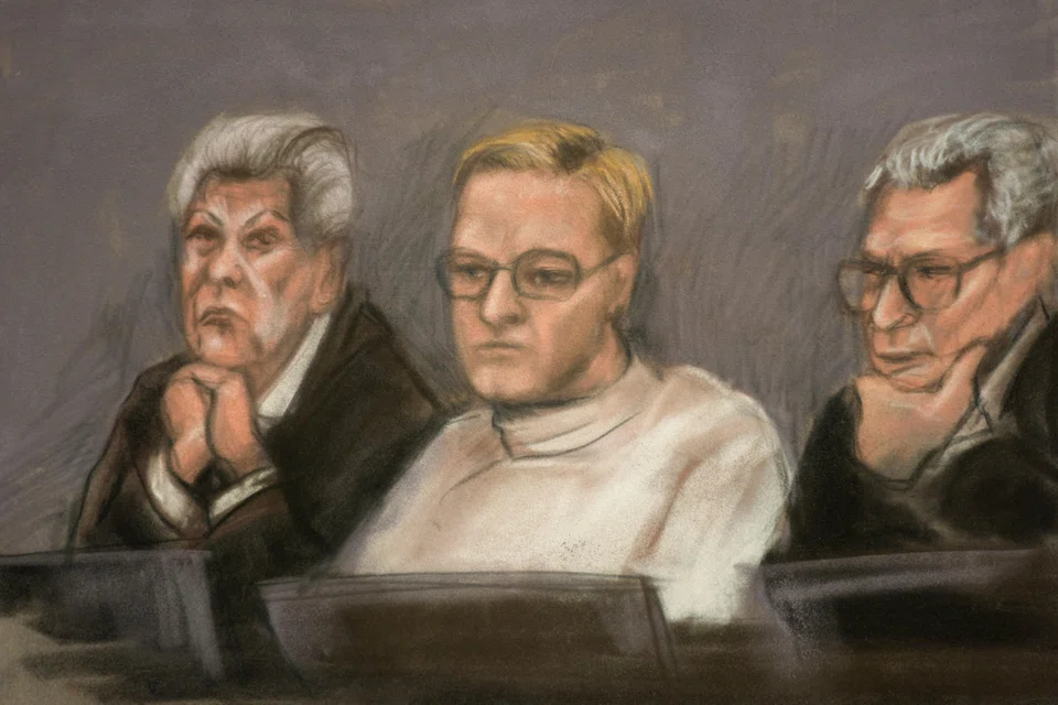 A courtroom sketch shows Marius Borg Hoiby (centre) during the first day of the trial in Oslo, Norway, Feb 3, 2026.