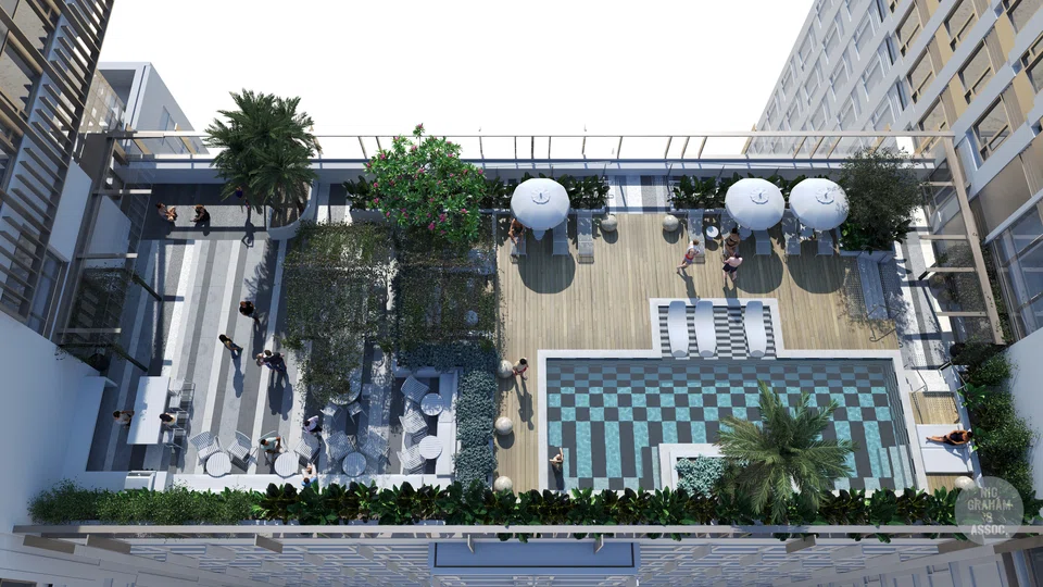 The new Epiisod purpose-built student accommodation in Macquarie Park in Sydney (above) will offer amenities such as a rooftop infinity pool and a wellness centre with sauna. 