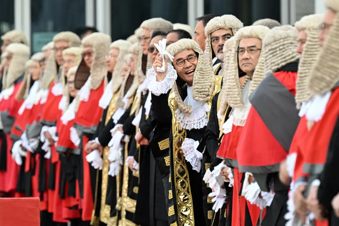 Judges wearing robes and horsehair wigs attend a ceremony held to mark the opening of the legal year in Hong Kong on January 20, 2025.