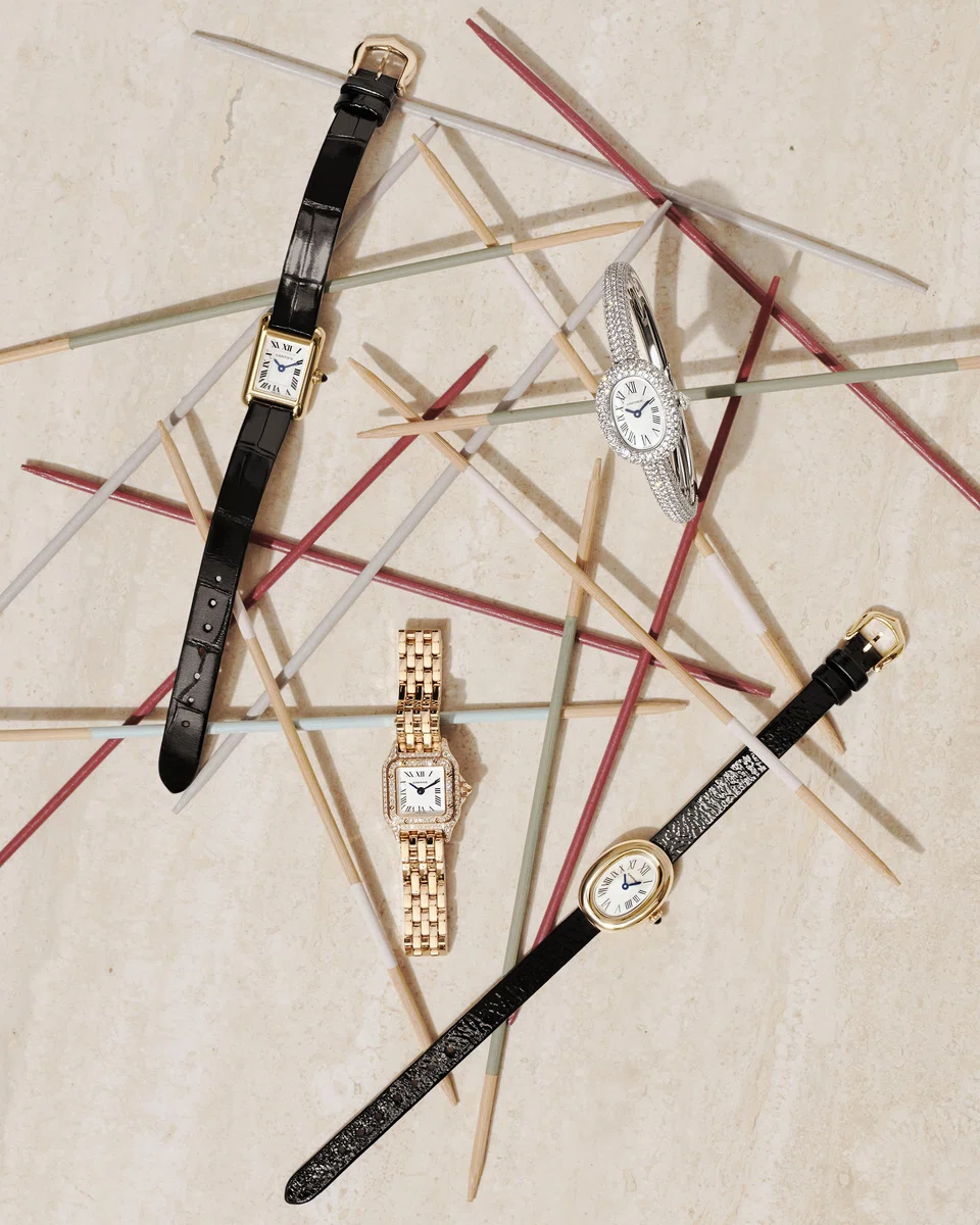 From left: Tank Louis Cartier, Panthere de Cartier, Baignoire with leather strap, Baignoire with all-gold bangle.