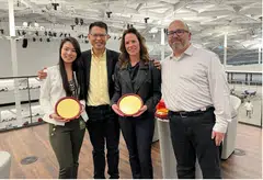 VinBrain chief Truong Quoc Hung (second from left) and Kimberly Powell, vice-president of healthcare at Nvidia, (second from right) met at Nvidia's headquarters in the US in March 2023.