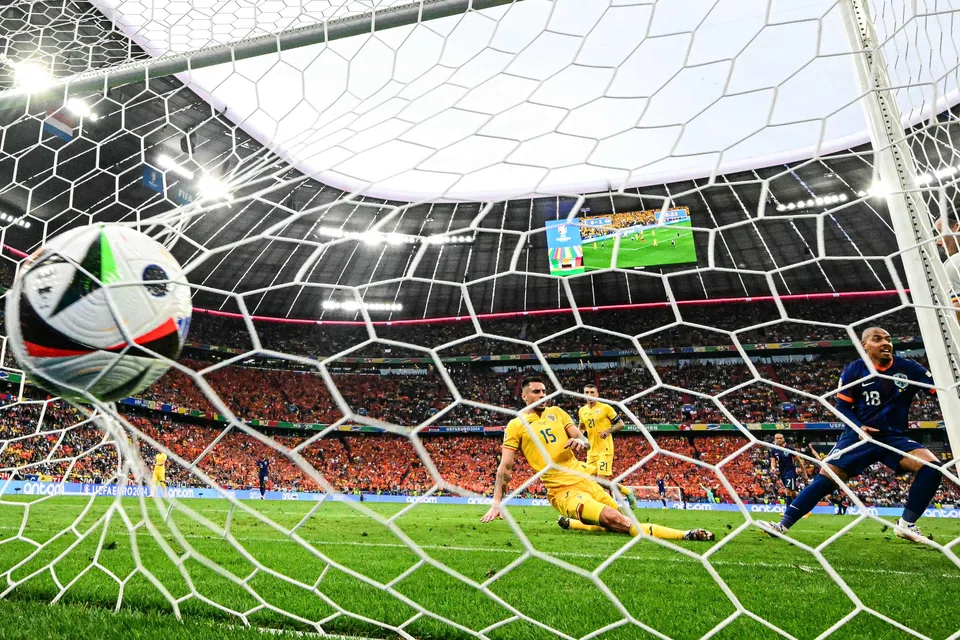 Netherlands' Donyell Malen celebrates after scoring his team's second goal against Romania in Munich, Germany on July 2, 2024. 