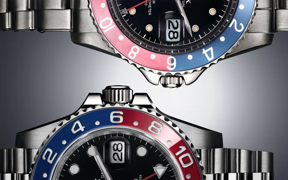 GMT-Master, stainless steel, red and blue bezel insert, 1959, ref. 1675 (above)  and GMT-Master II, Oystersteel, red and blue bezel insert, 2018, ref. 126710 BLRO (below)