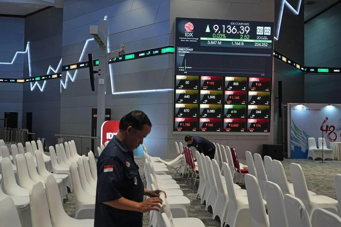 Stock market information displayed at the Indonesia Stock Exchange (IDX) in Jakarta, Indonesia, on Tuesday, Jan. 20, 2026. Global funds may withdraw more than $2 billion from Indonesian equities in coming months if MSCI Inc. proceeds with a change to its indexing methodology, underscoring concerns about the investability of Southeast Asia’s biggest stock market. Photographer: Dimas Ardian/Bloomberg