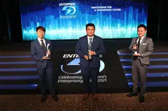 Oilfield Services & Supplies general manager Michael Lim, managing director Kay Ong and business development manager Kenneth Loh at the Enterprise 50 Awards 2021 ceremony.