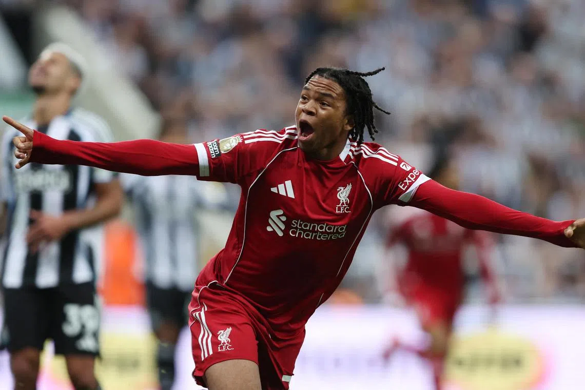 Liverpool teenager Rio Ngumoha celebrating after scoring the winning goal in his team's victory over Newcastle in the EPL on Aug 25.