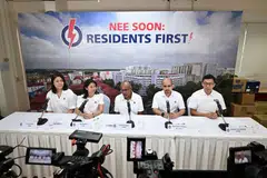 Law and Home Affairs Minister K Shanmugam (centre) with (from left) Lee Hui Ying, Goh Hanyan, Syed Harun Alhabsyi and Jackson Lam at PAP Chong Pang Branch on Apr 21.