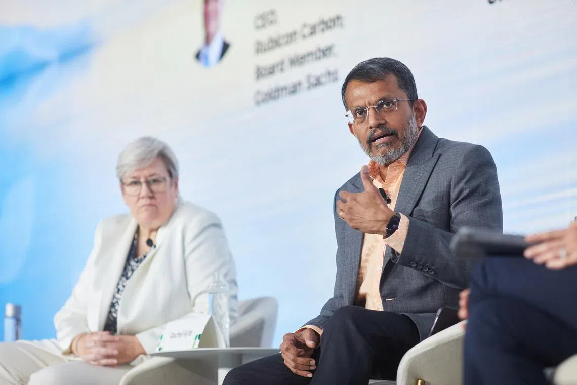 Ravi Menon (right), ambassador for climate action, with Rachel Kyte, special representative for climate in the UK government, at the opening panel at GenZero Climate Summit.