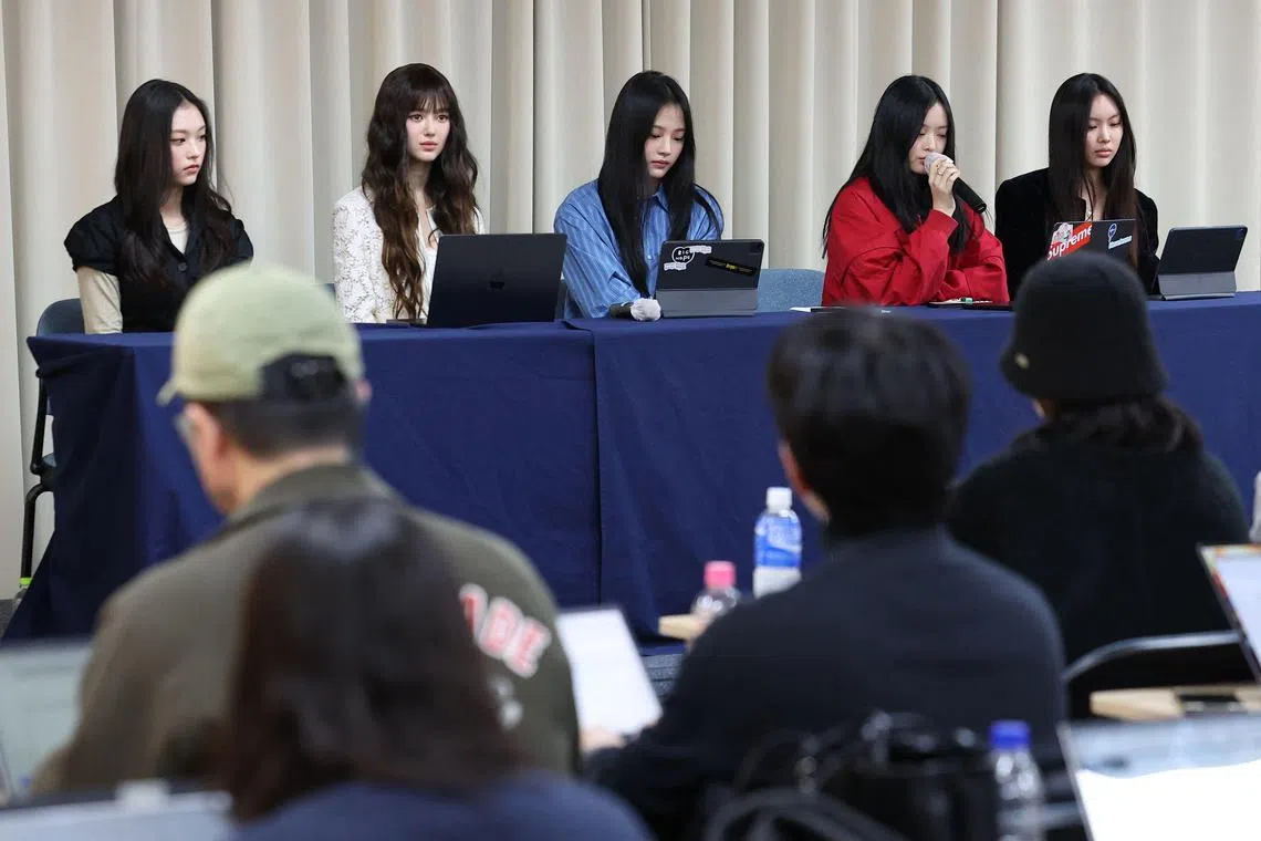 South Korean K-pop girl group NewJeans members (from left) Haerin, Danielle, Minji, Hanni, and Hyein attended a press conference in Seoul on Nov 28, announcing their decision to leave their label ADOR, accusing the company of 'mistreatment.'
