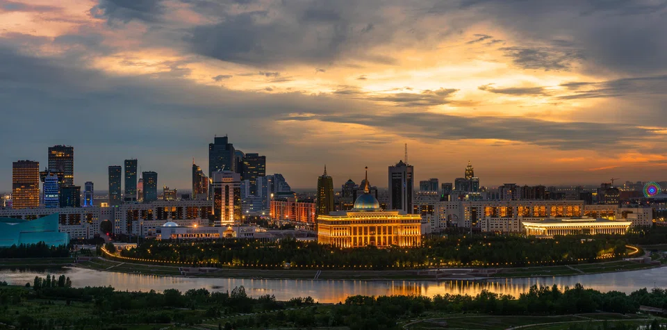 Astana, the capital of Kazakhstan, under the evening sky.