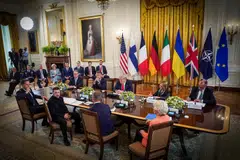 US President Trump meets with Ukrainian President Zelensky and European leaders, in Washington.