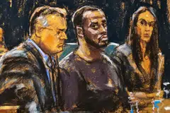 A courtroom sketch of Sean "Diddy" Combs (centre) and his defence lawyers Marc Agnifilo and Teny Geragos are seated during a bail hearing in federal court in the Manhattan borough of New York City, US, Sept 18, 2024.