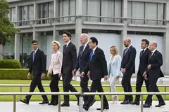 US President Joe Biden and other G7 leaders at Hiroshima Peace Park and Memorial Museum before participating in a wreath-laying ceremony, on the first day of the G7 summit in Hiroshima, Japan, May 19, 2023. 