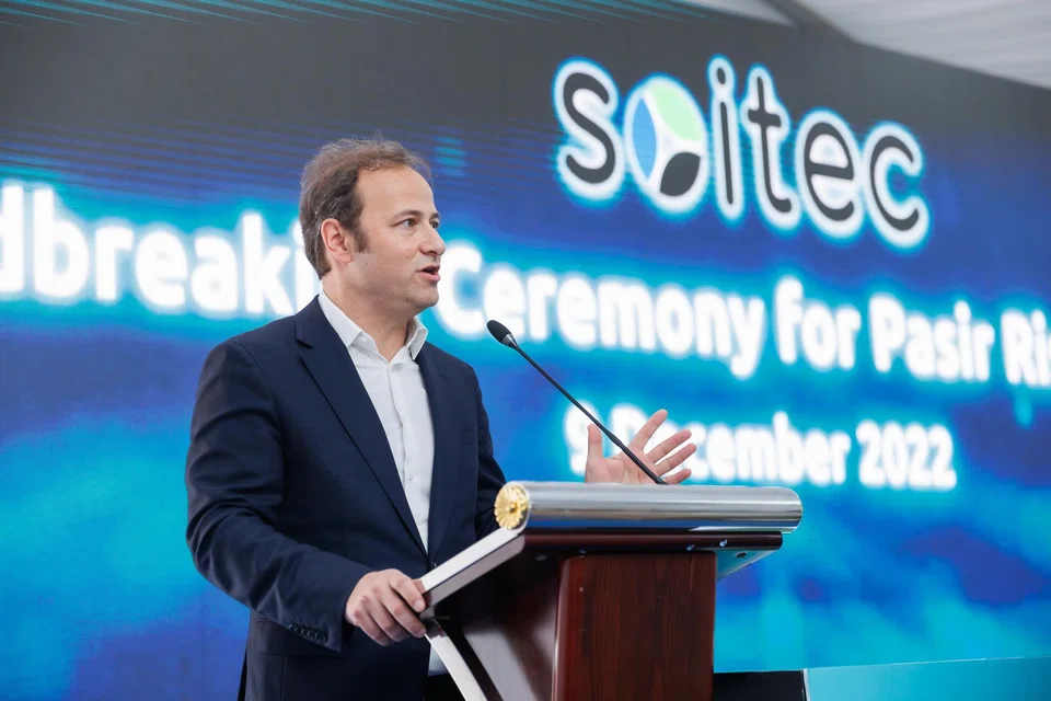 Soitec CEO Pierre Barnabe at the ground-breaking of the company's wafer fab extension on Dec 9, 2022.
