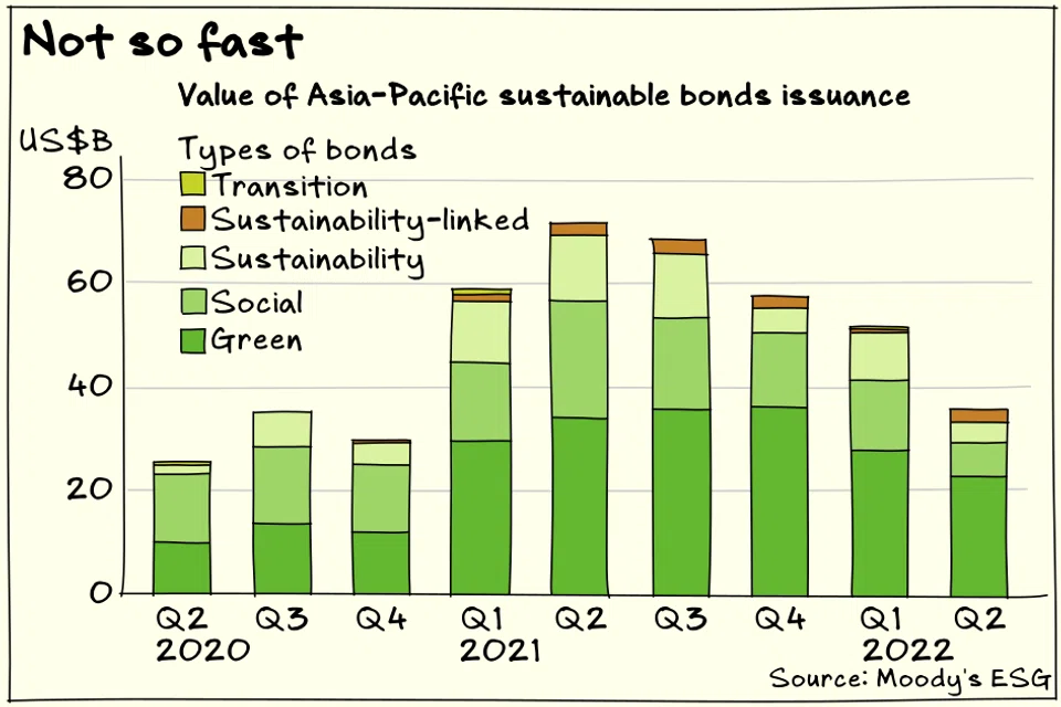 Issuance of green, social, sustainable and sustainability-linked bonds in the Asia-Pacific fell 48 per cent year-on-year in the first half of 2022, according to Moody’s ESG.