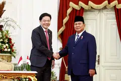 Singapore Prime Minister Lawrence Wong meeting Indonesia's newly inaugurated President Prabowo Subianto after he is sworn in at the presidential palace in Jakarta on Oct 20.