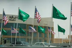 US and Saudi flags flutterING along a highway of Riyadh ahead of the arrival of Trump to Riyadh. Trump has long enjoyed a close relationship with Gulf Arab states, in particular the UAE and Saudi Arabia. 