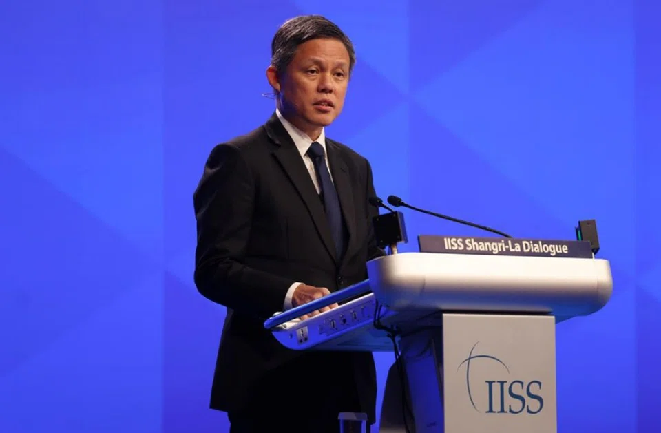Defence Minister Chan Chun Sing speaking at the sixth and final plenary session of the Shangri-La Dialogue on June 1.