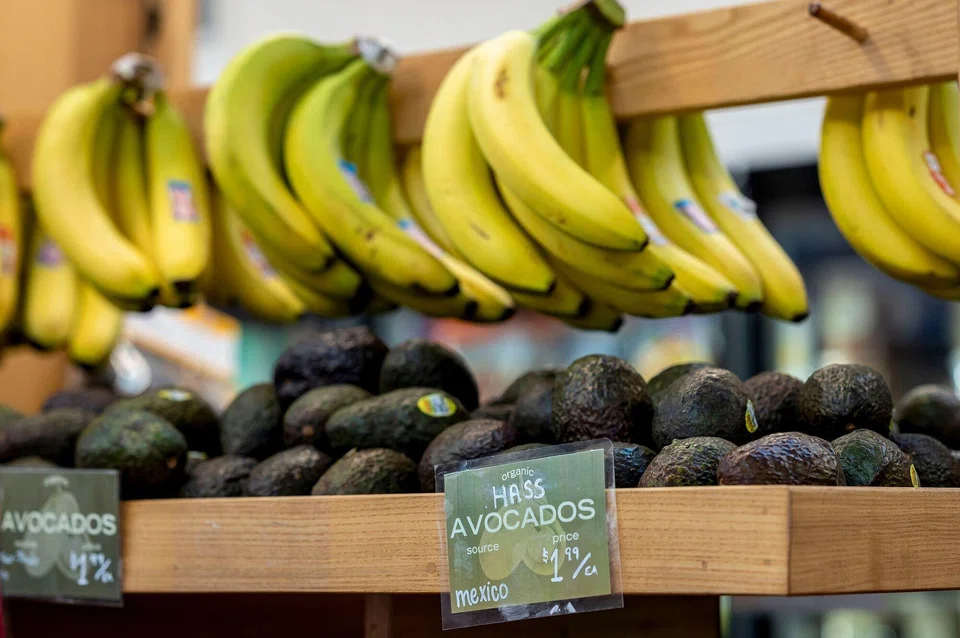 Hass avocados and bananas from Mexico at a grocery store in San Francisco, California, Jan 30, 2025. Analysts at the Peterson Institute for International Economics said on Monday that the full suite of tariffs on the three nations, if implemented, will cost the typical American household an additional US$1,200 a year in higher costs.