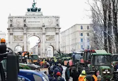 Farmers with their tractors at Odeonsplatz square in Munich's city centre, taking part in protests against the federal government's austerity plans on Monday (Jan 8).  