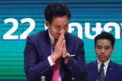 Pita Limjaroenrat, leader of the Move Forward Party, during a meeting of coalition parties in Bangkok. His party won the most number of votes at the May 14 general election.