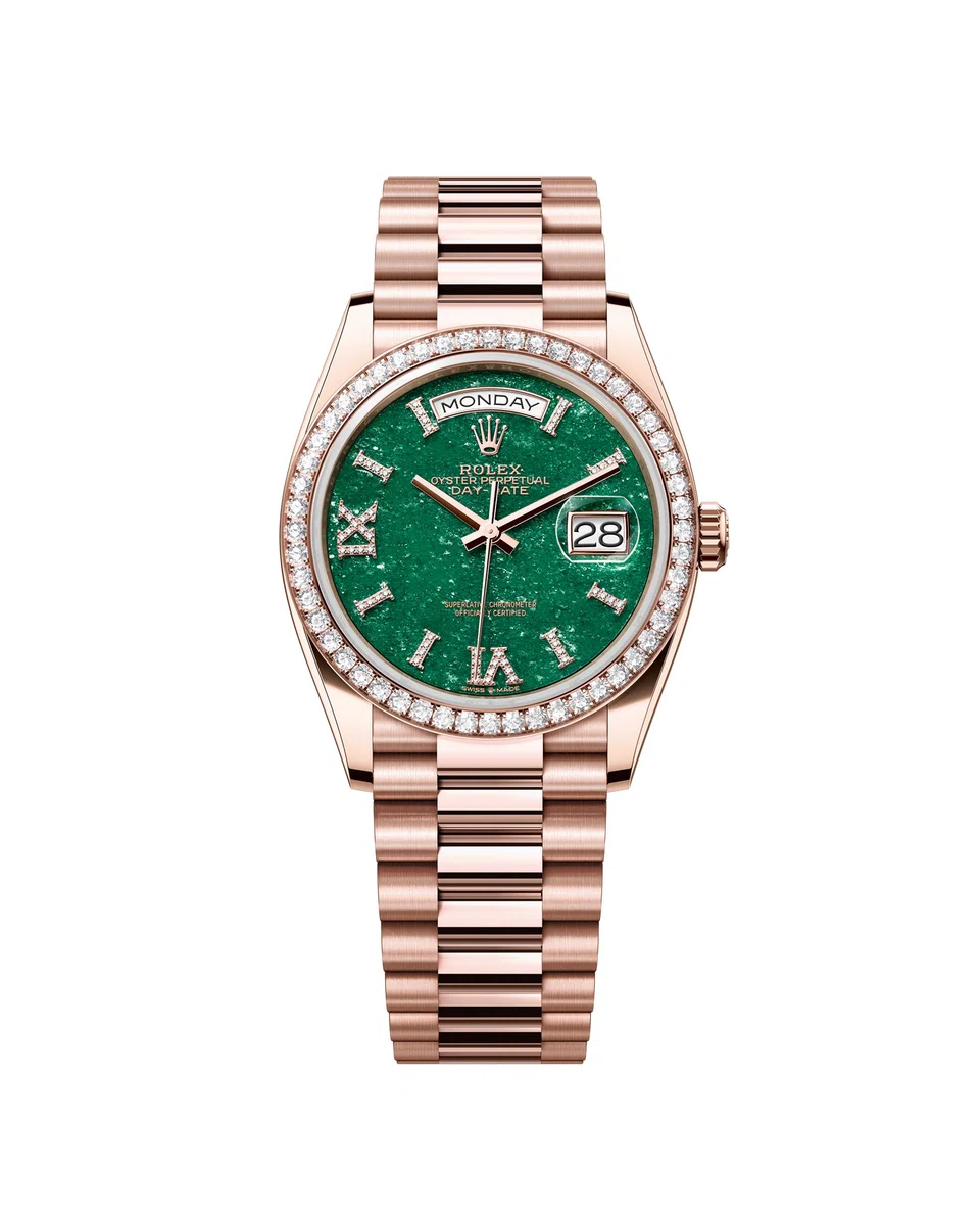 The Oyster Perpetual Day-Date 36 in Everose gold, with a green aventurine, diamond-set dial.