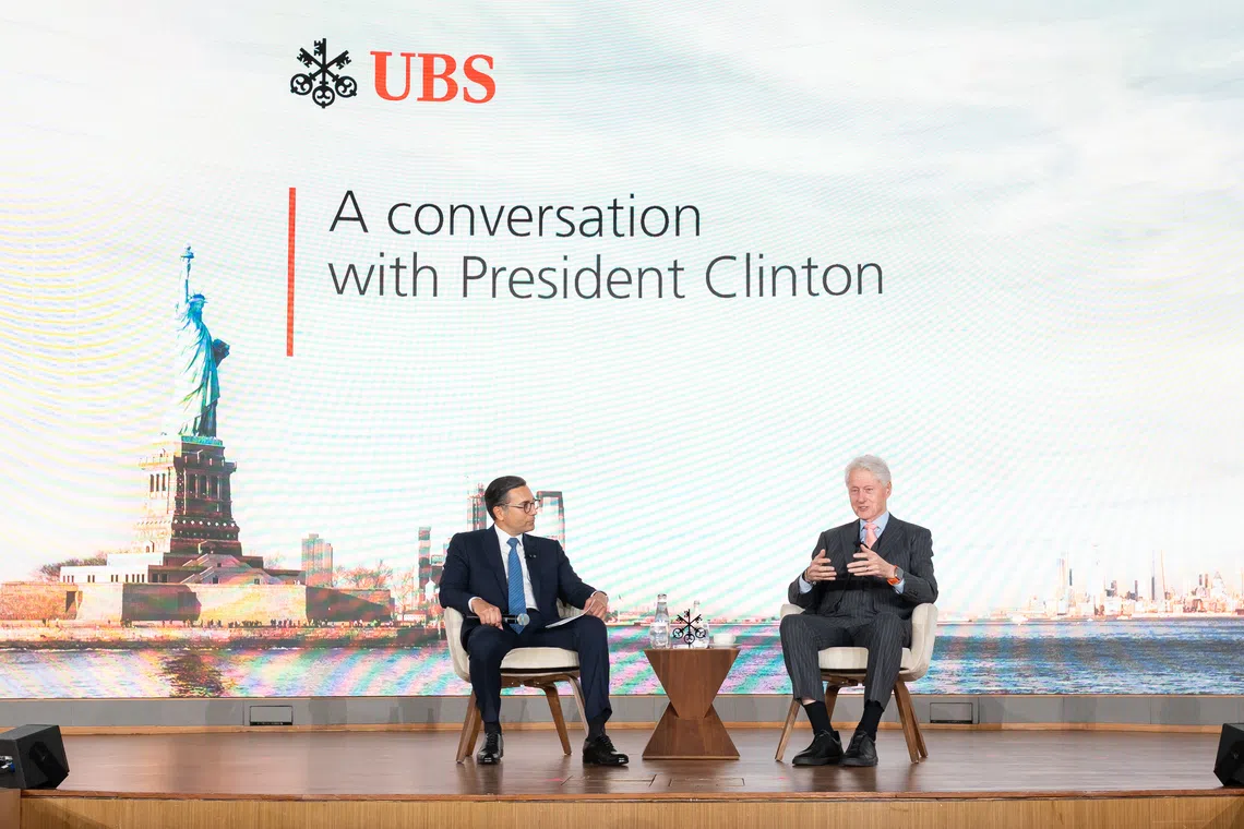 Iqbal Khan, Co-President UBS Global Wealth Management and President UBS Asia Pacific (left) in dialogue with President Bill Clinton, 42nd President of the United States and Founder, Clinton Foundation at the inaugural UBS Asian Investment Conference Singapore Wealth Edition.