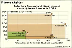 The percentage of natural disaster losses that are insured in the Asia-Pacific and Africa lags the Americas and Europe, shows data by Munich Re.