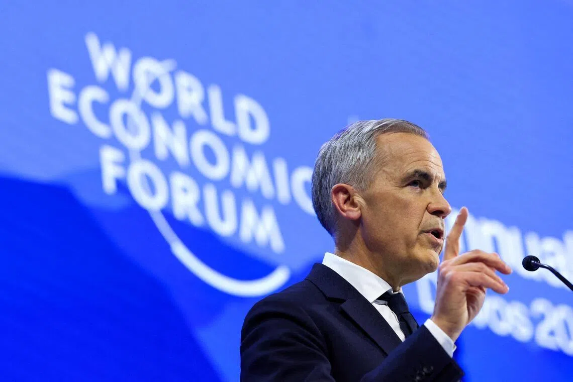 Canada's Prime Minister Mark Carney speaks during the 56th annual World Economic Forum meeting in Davos, Switzerland, Jan 20, 2026. 