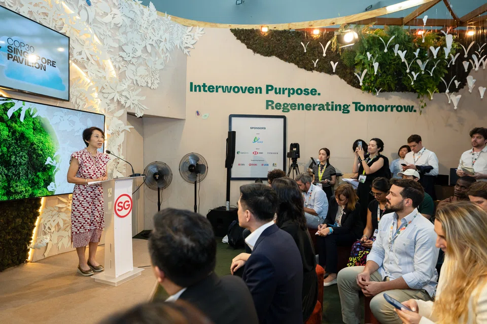 Sustainability and Environment Minister Grace Fu speaking at the Singapore Pavilion at COP30 in Belem, Brazil on Monday (Nov 17). 