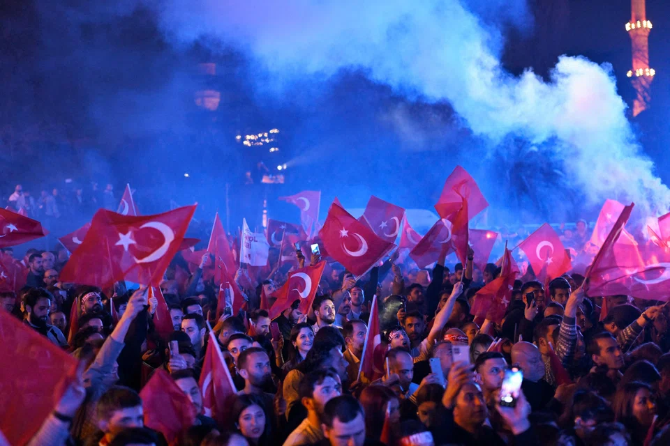 Opposition Republican People's Party (CHP) supporters celebrate in Istanbul,  Turkey on March 31, 2024. The main Turkish CHP opposition party claimed victory in the mayoral race in the capital Ankara as the party built a solid lead in the count for control of Istanbul.