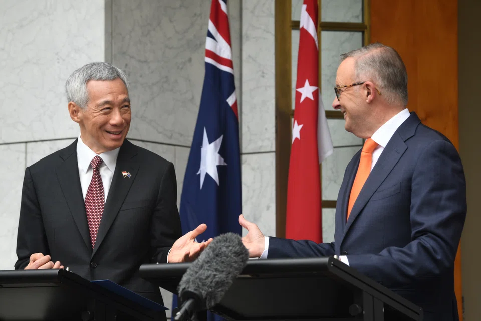 Singapore's Prime Minister Lee Hsien Loong and Australia's Prime Minister Anthony Albanese at the joint press conference for the 7th Annual Leaders' Meeting in Canberra on Oct 18.