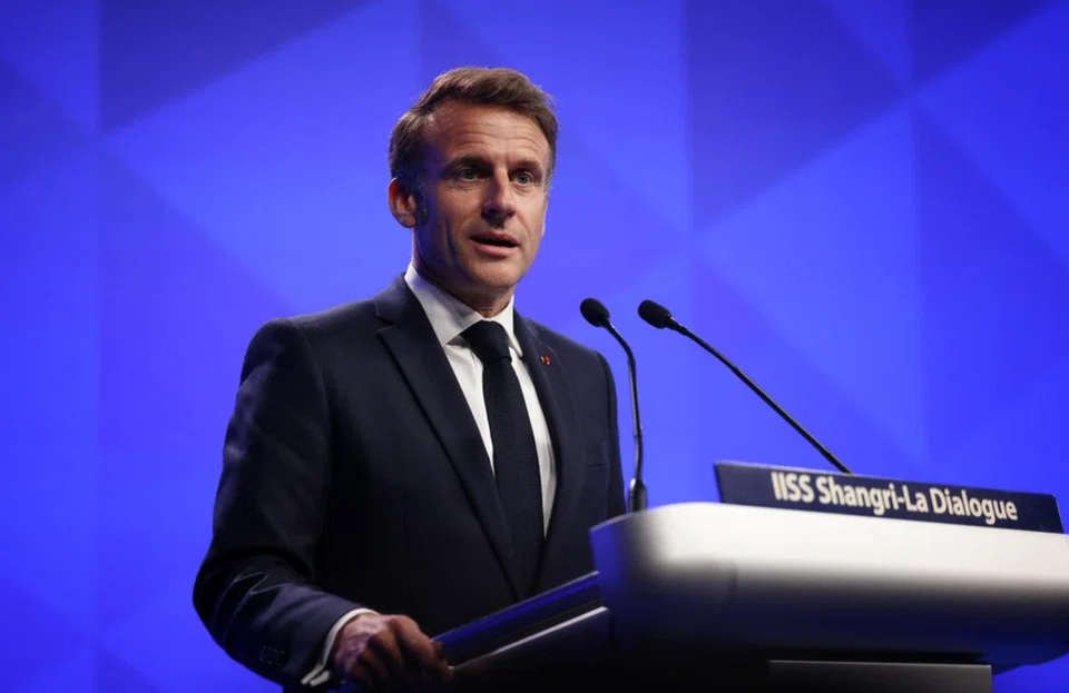 French President Emmanuel Macron delivering the keynote address at the IISS Shangri-La Dialogue on May 30.