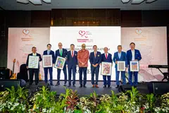 President Tharman Shanmugaratnam (centre) with the top sponsors of this year's SICC May Day Charity at a gala dinner on May 1, 2024.