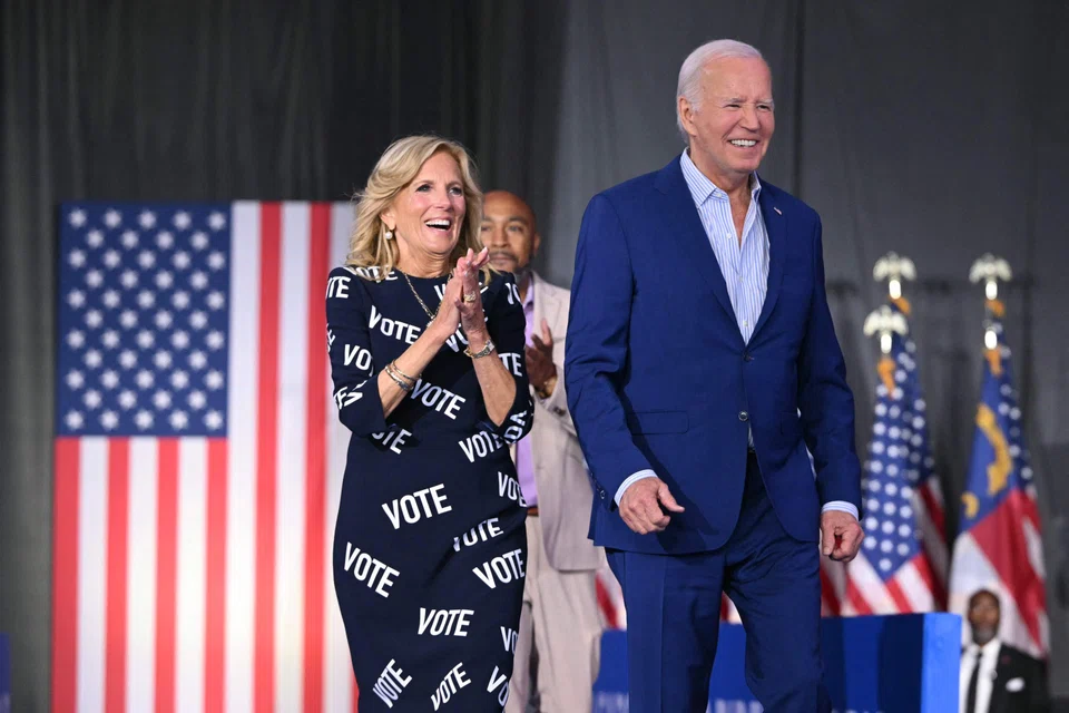 US President Joe Biden and First Lady Jill Biden arrive for a post-debate rally in Raleigh, North Carolina, June 28, 2024. 