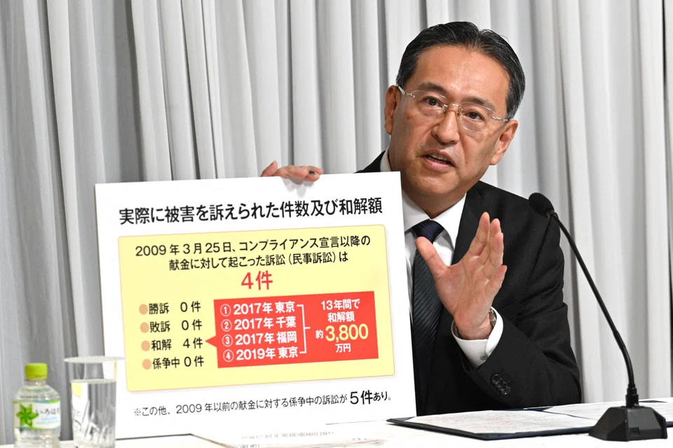Hideyuki Teshigawara, general manager of the Japan branch of the Family Federation for World Peace and Unification (FFWPU), widely known as the Unification Church, speaks during a press conference in Tokyo, Sept 22, 2022. Shinzo Abe’s alleged killer resented the church over ruinous donations made by his mother, and reportedly targeted the politician over his links to the group.