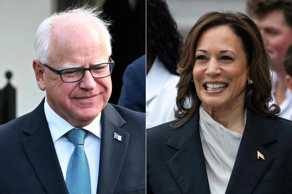 This combination of pictures shows US Vice-President Kamala Harris and Governor of Minnesota Tim Walz in Washington, DC.